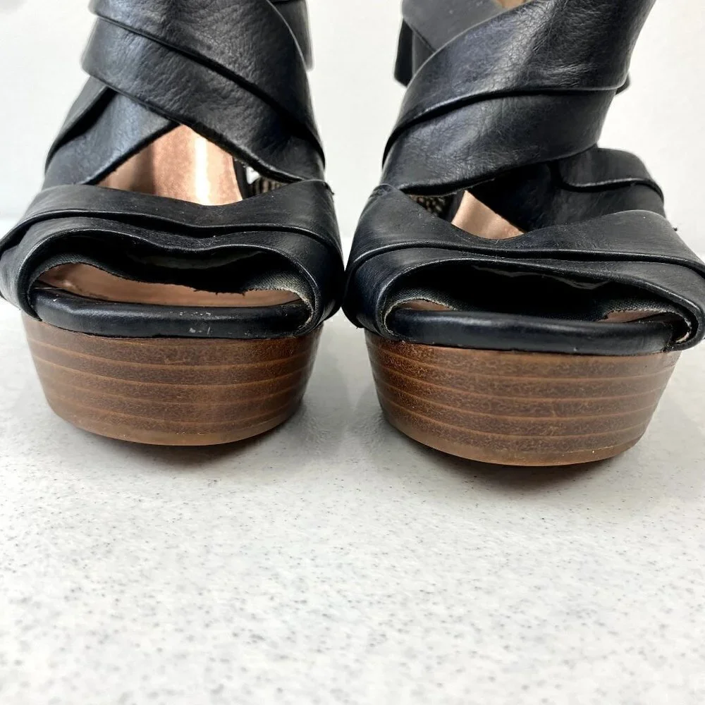 Seychelles Black Leather Risky Business Wedge Sandals 8